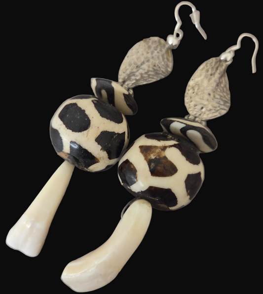 Buffalo Incisor Teeth & Batik Bone Shoulder Dusters - African Tribal XL Pierced Earrings