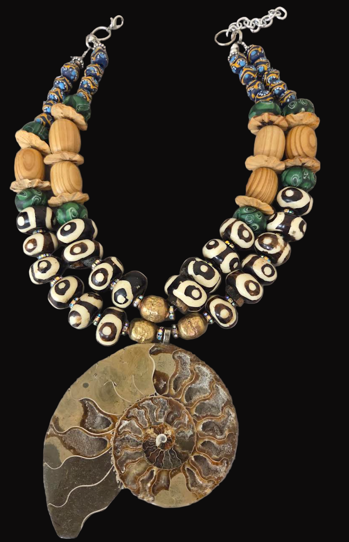 Ammonite Zebu Batik Bone & Wood Unisex Chest Piece - OOAK Wearable Art