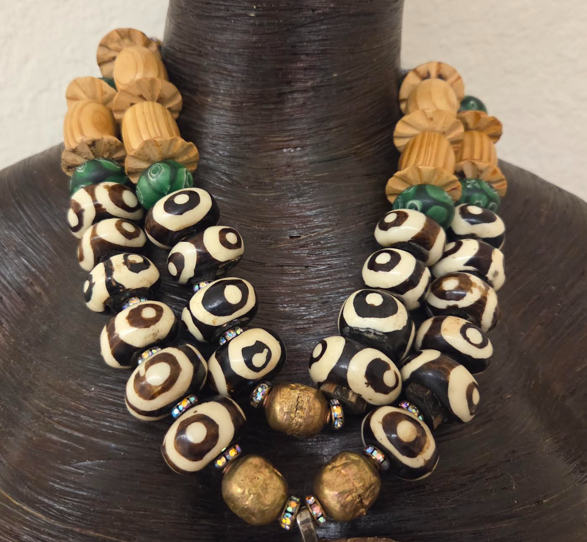 Ammonite Zebu Batik Bone & Wood Unisex Chest Piece - OOAK Wearable Art