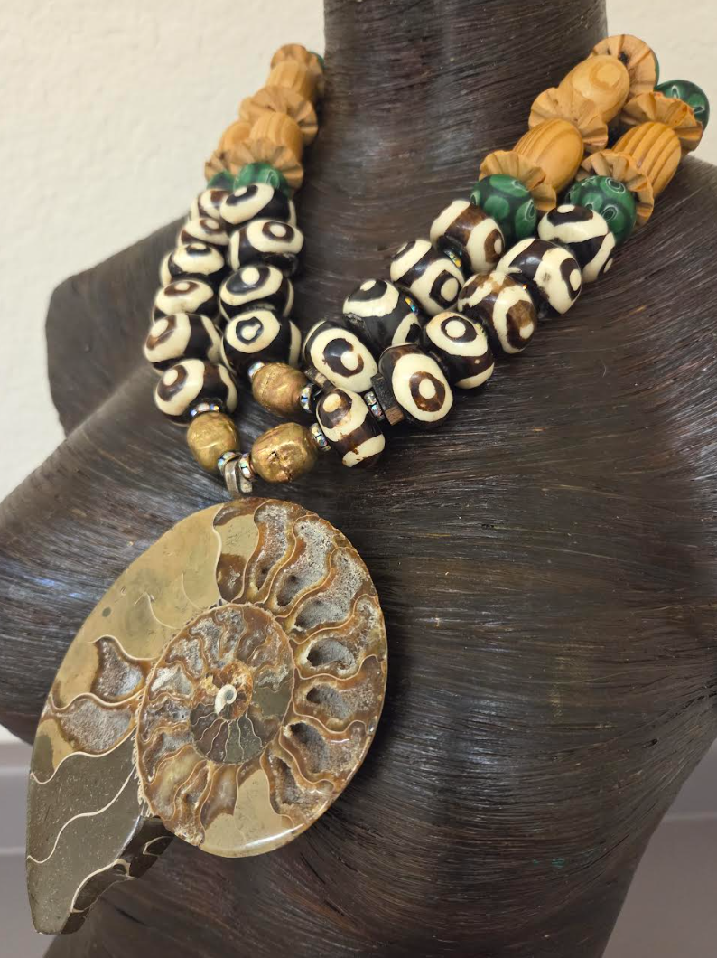 Ammonite Zebu Batik Bone & Wood Unisex Chest Piece - OOAK Wearable Art