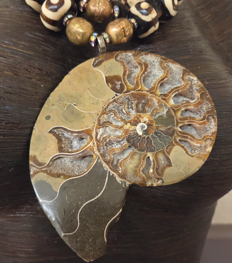 Ammonite Zebu Batik Bone & Wood Unisex Chest Piece - OOAK Wearable Art