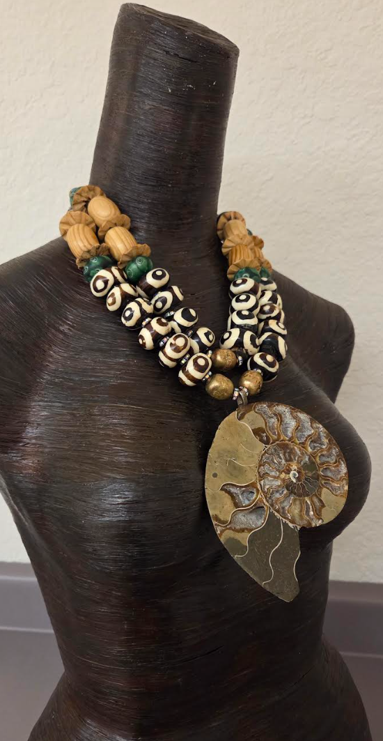 Ammonite Zebu Batik Bone & Wood Unisex Chest Piece - OOAK Wearable Art