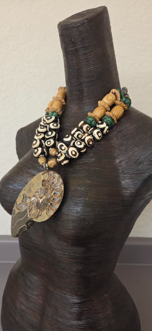 Ammonite Zebu Batik Bone & Wood Unisex Chest Piece - OOAK Wearable Art