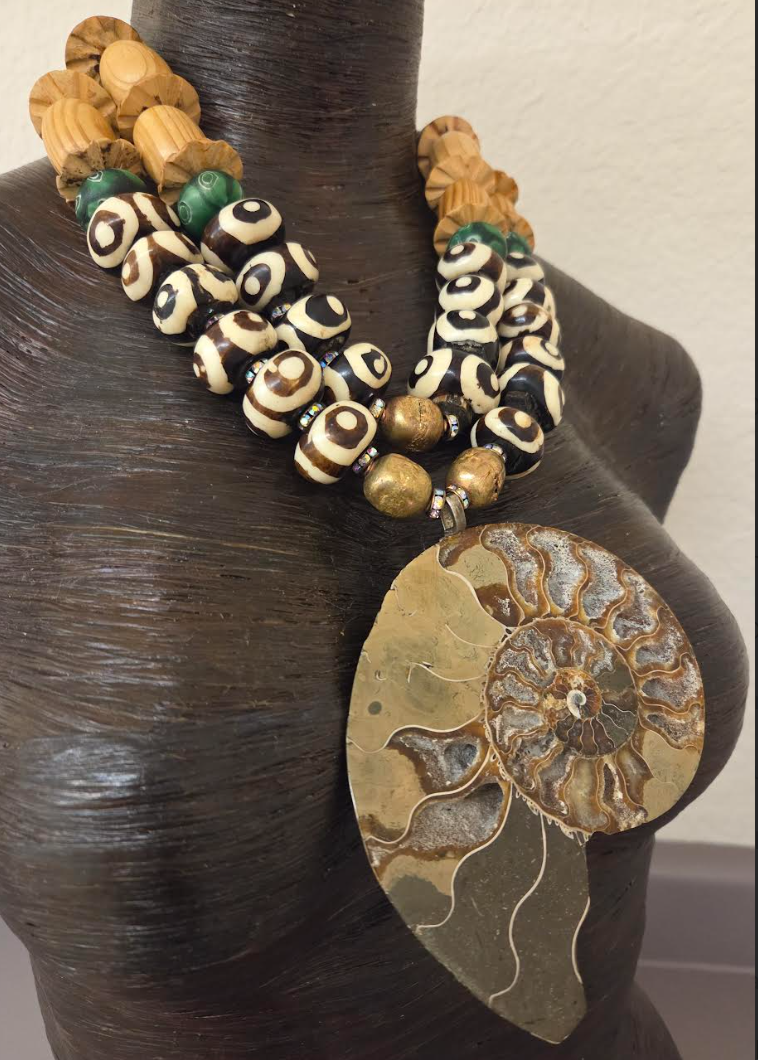 Ammonite Zebu Batik Bone & Wood Unisex Chest Piece - OOAK Wearable Art