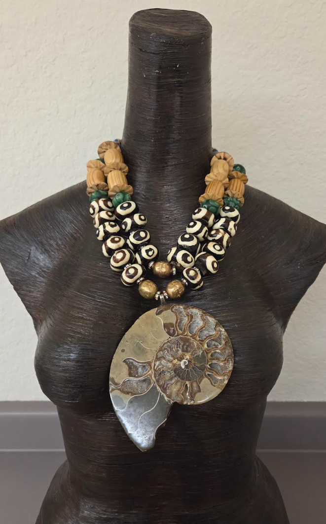 Ammonite Zebu Batik Bone & Wood Unisex Chest Piece - OOAK Wearable Art