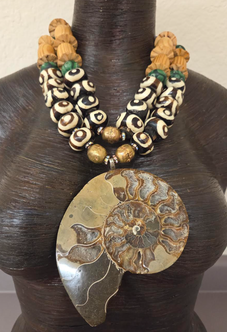 Ammonite Zebu Batik Bone & Wood Unisex Chest Piece - OOAK Wearable Art