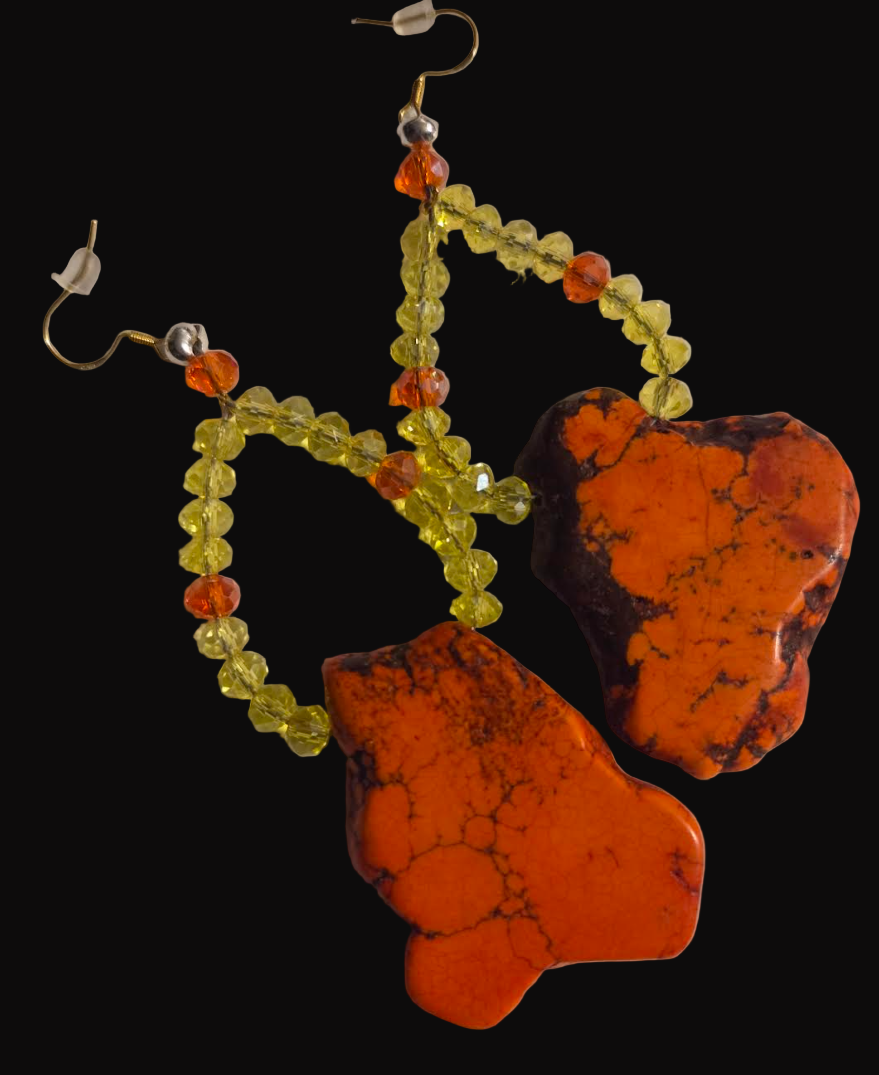 Orange Sea Sediment Slab Pierced Earrings - Slab & Crystal Shoulder Dusters - Autumn Ear Candy
