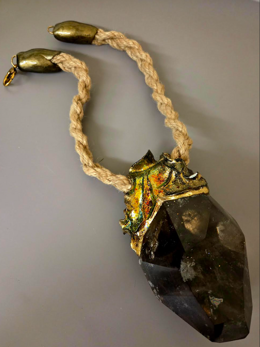 Huge Sculpted Smoky Quartz Pendant On a Braided Jute Rope - Luxury