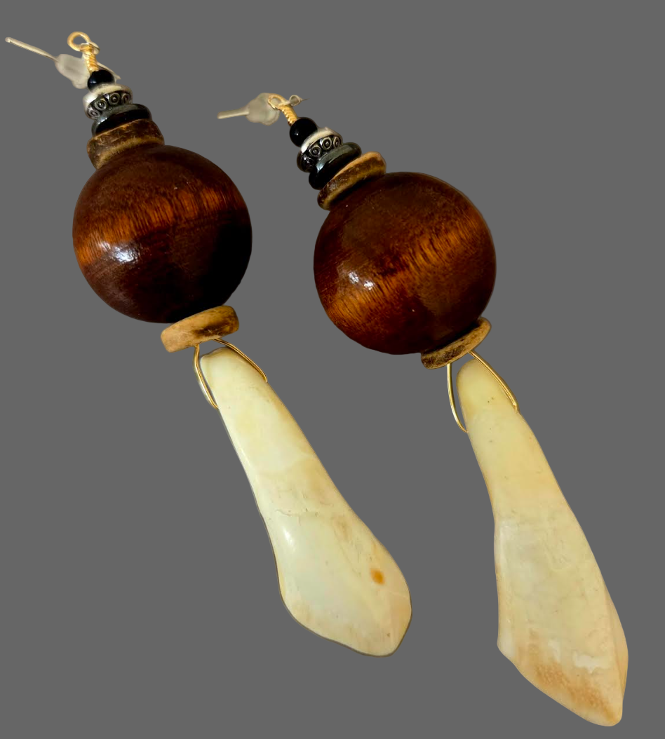 Earthy Buffalo Incisor Teeth & Wood Shoulder Duster Pierced Earrings
