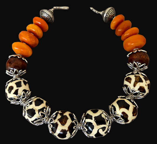 Giraffe Animal Print Tribal Bead Layering Choker - Bold Chunky Drama
