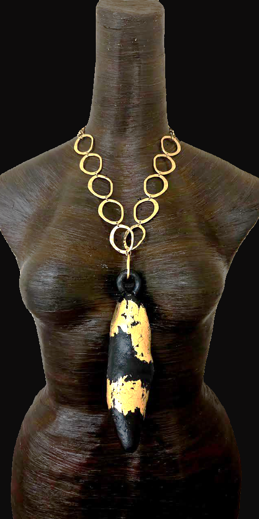 Blackened Driftwood and Gold Leaf Foil Statement Pendant - Androgynous