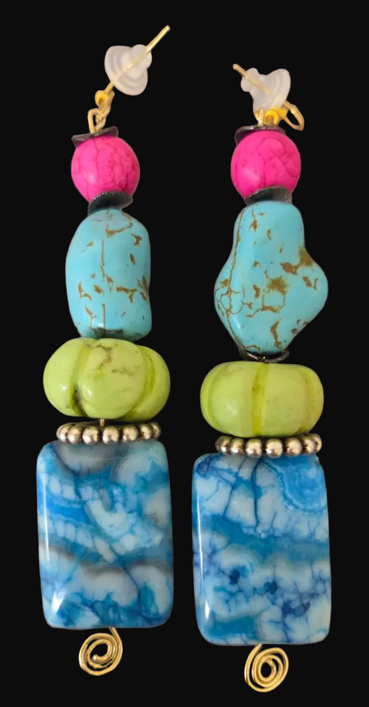 Multi-Colored Gemstone Beaded Dangle Pierced Earrings - OOAK