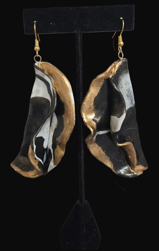 Avant Garde Sculpted Black White & Bronze Pierced Earrings - Dramatic