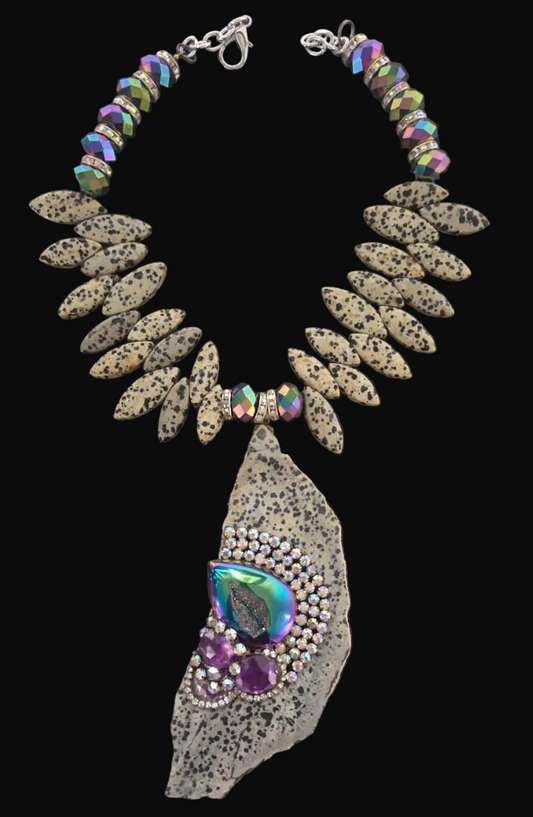 Avant Garde Dalmatian Jasper Slab Chest Piece & Jewel Tone Druzy Agate