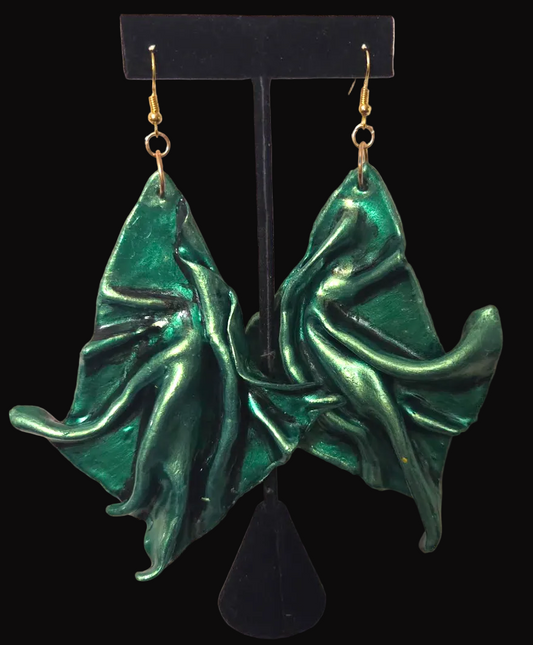 Metallic Emerald Green Sculpted Avant Garde Shoulder Duster Earrings
