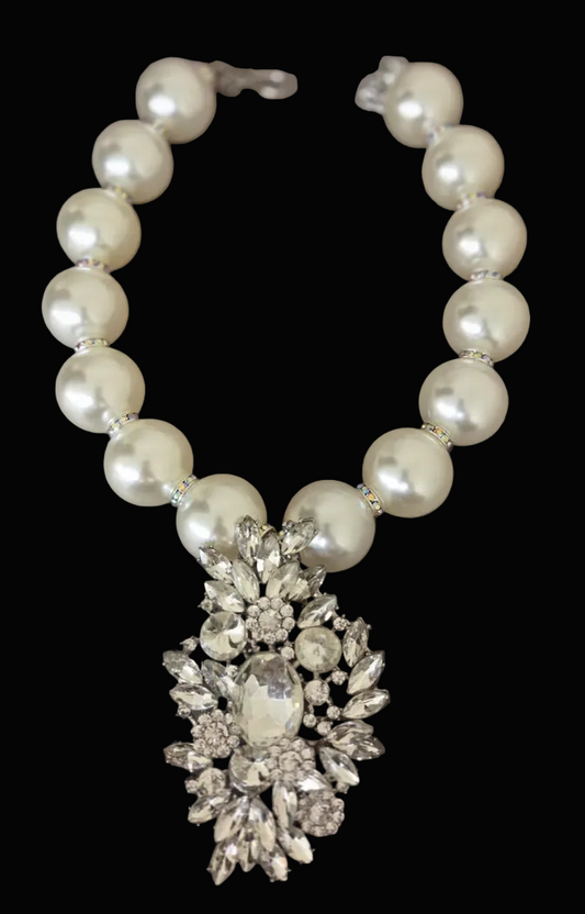 Oversized Faux Pearls with an Art Deco Diamante Pendant - Bling Bling