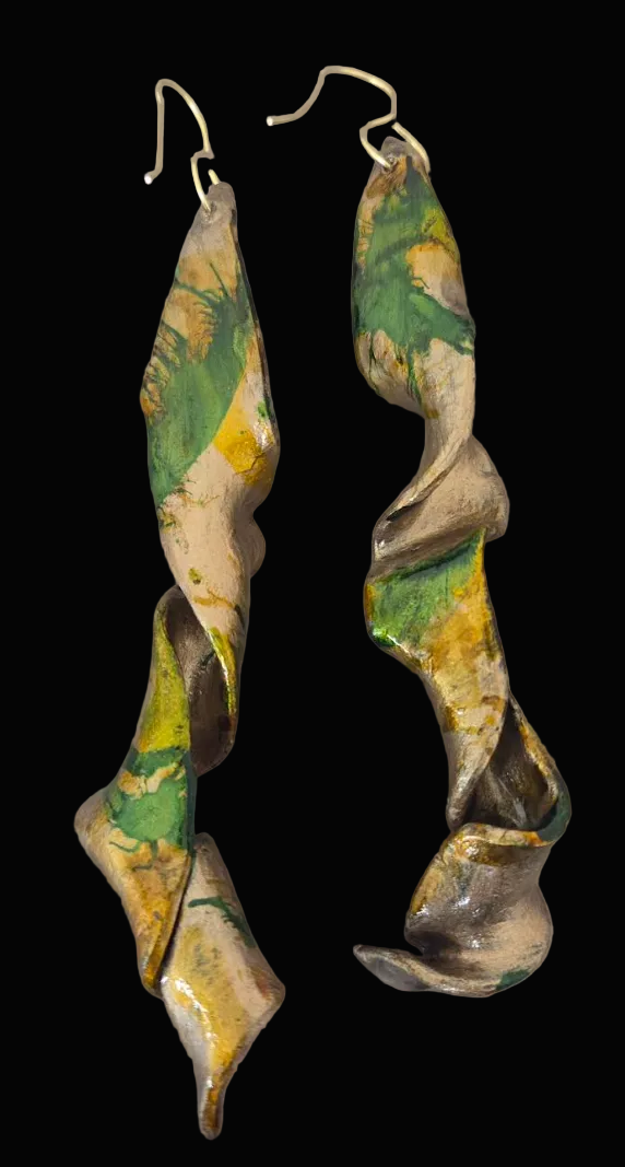 Golden Bronze & Green Abstract Squiggly Sculpted Shoulder Dusters