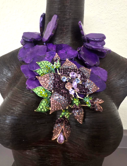 Purple Resin Slab Statement Necklace with Huge Rhinestone Flower