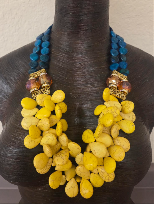 Bright Yellow Teardrop, Chrysocolla and Oversized Crystal Bib Necklace