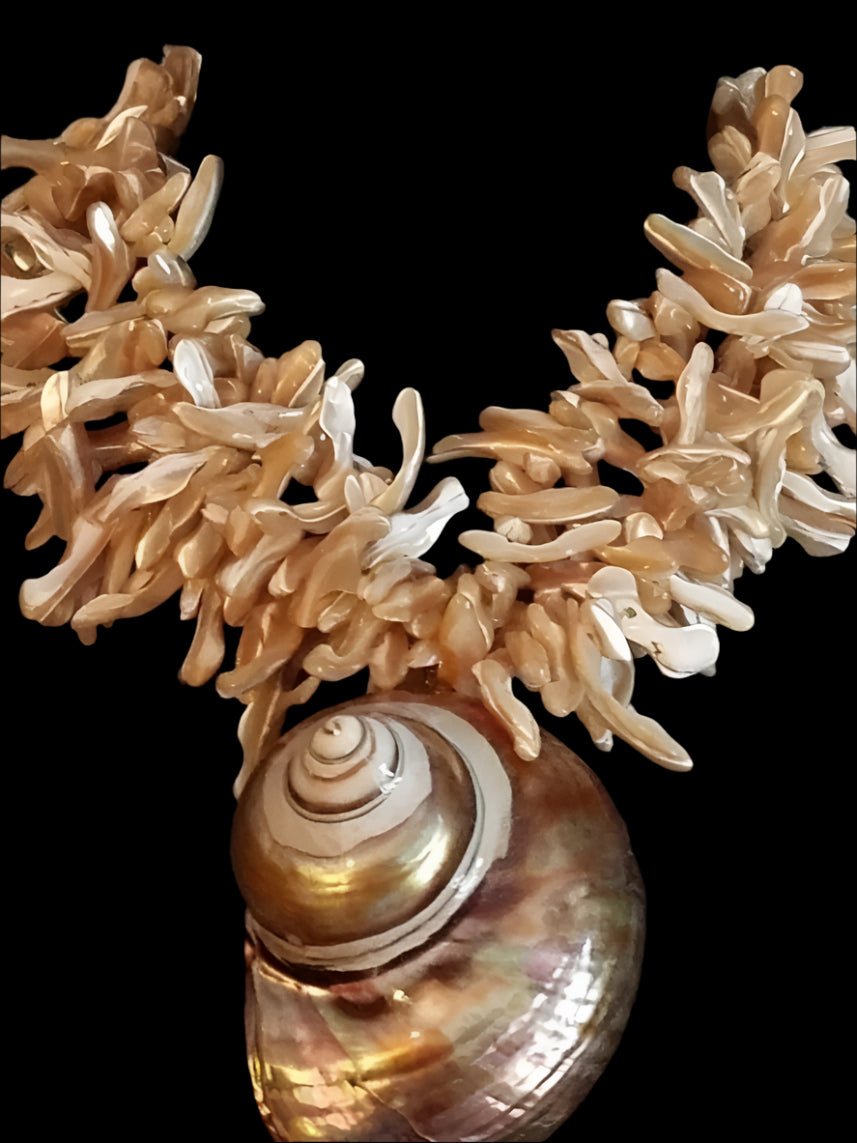Golden Cowry Shell Pendant with a Beige Abalone Frangie Multi Strand Necklace
