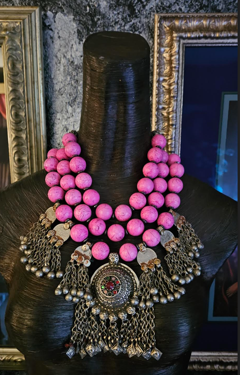 Hot Pink Magnesite Collar with Vintage Waziri Pendant & Kuchi Dangles