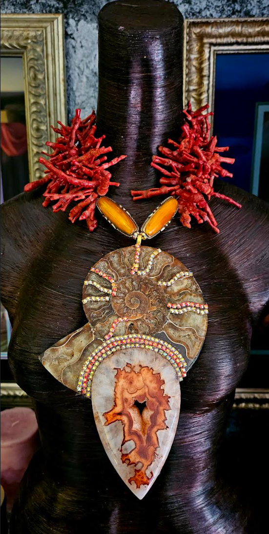 Ammonite & Coral Statement Necklace Pendant – OOAK Power Relic