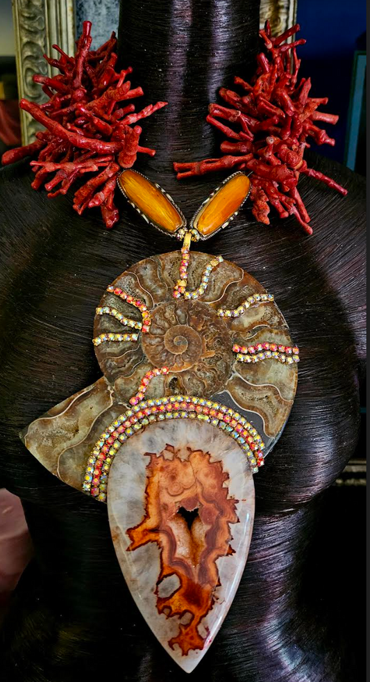 Ammonite & Coral Statement Pendant - OOAK Power Relic