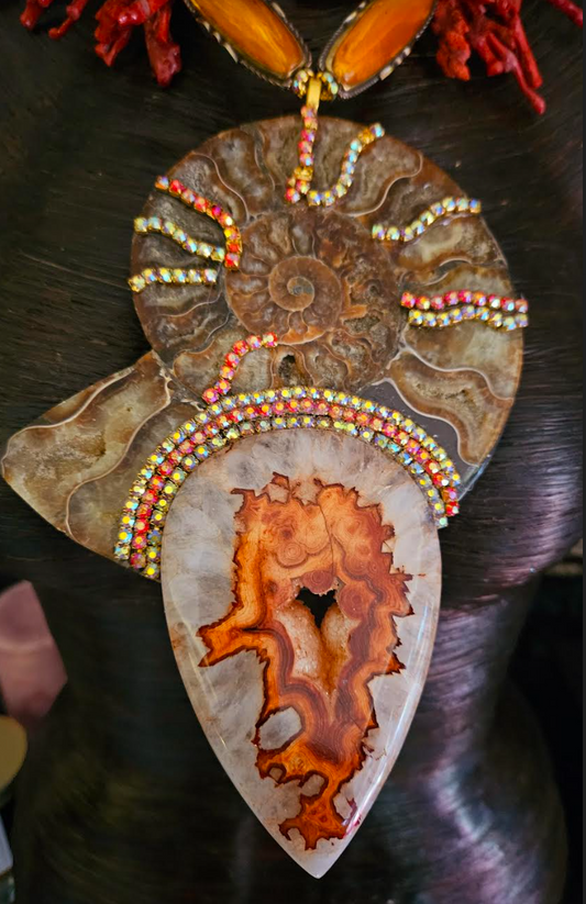 Ammonite & Coral Statement Necklace Pendant – OOAK Power Relic