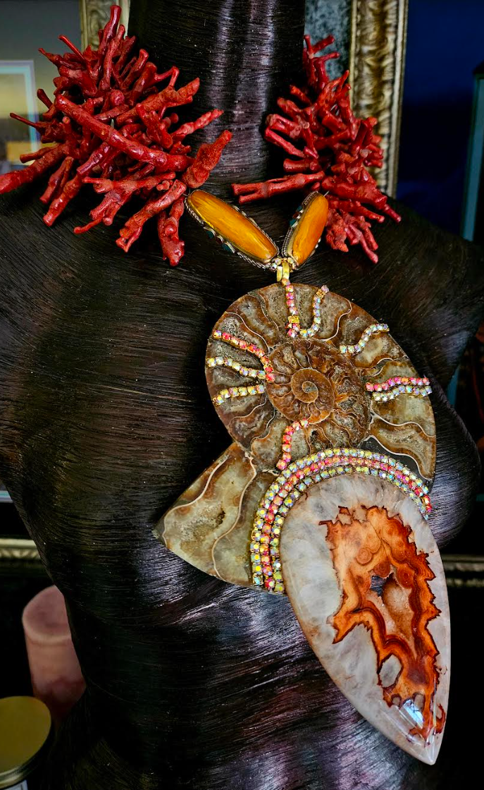 Ammonite & Coral Statement Necklace Pendant – OOAK Power Relic