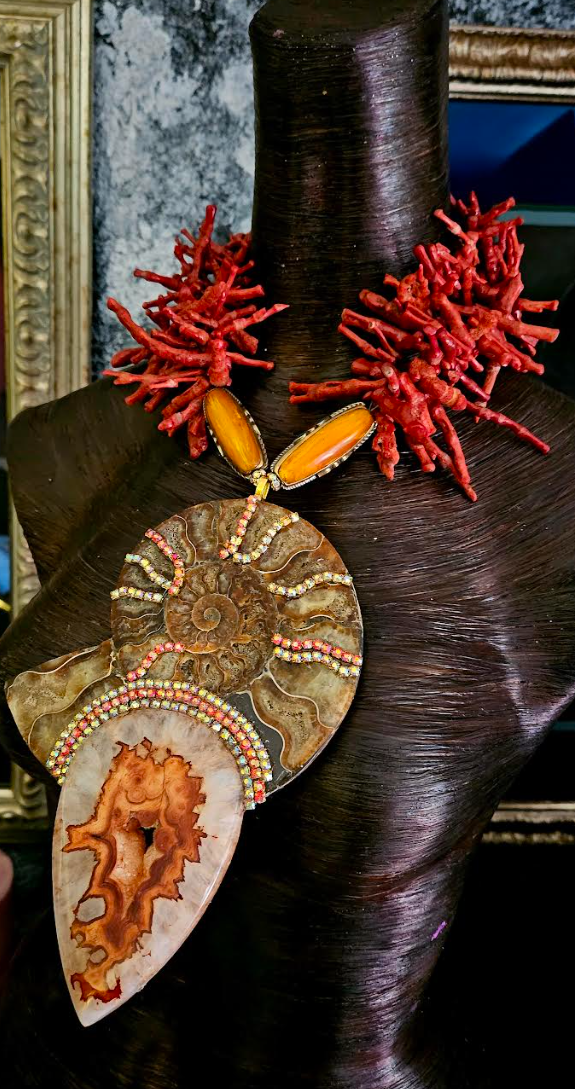 Ammonite & Coral Statement Necklace Pendant – OOAK Power Relic