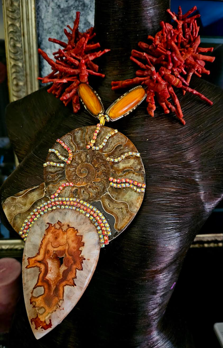Ammonite & Coral Statement Necklace Pendant – OOAK Power Relic