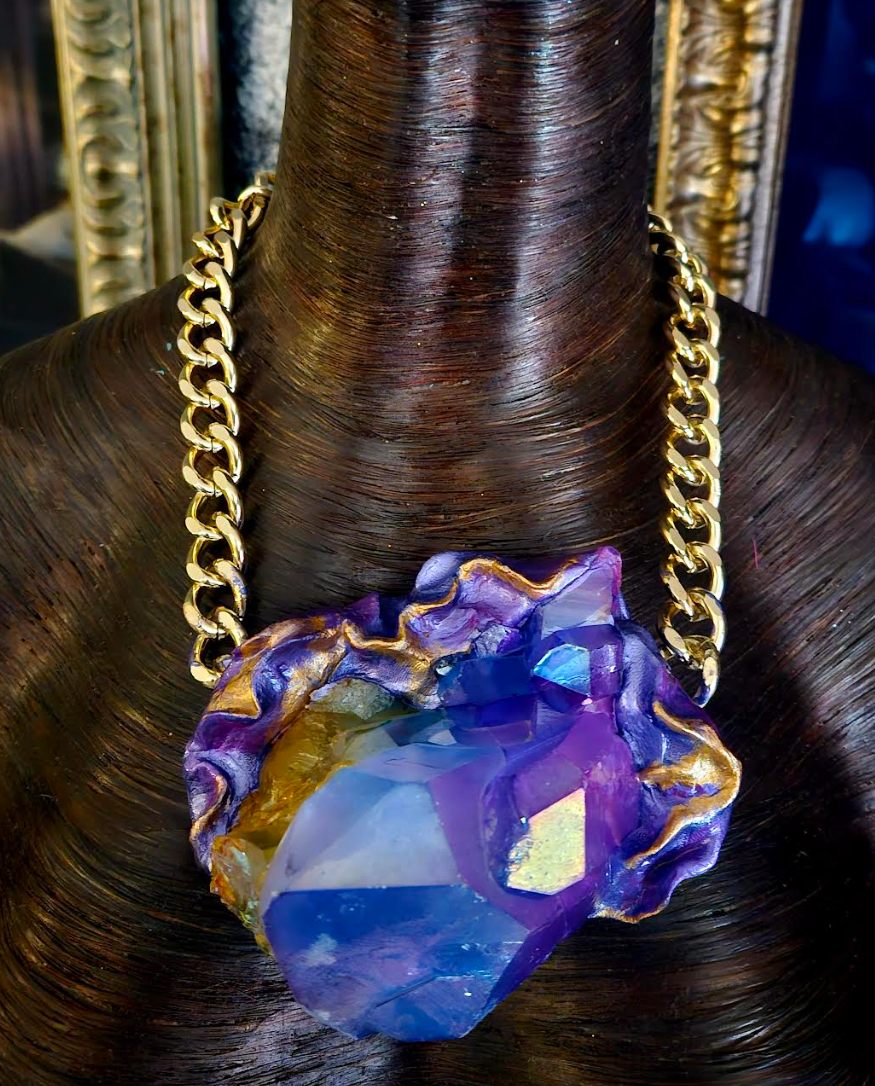 Sculpted Blue & Purple Quartz Gemstone Statement Pendant - Rocker Chic