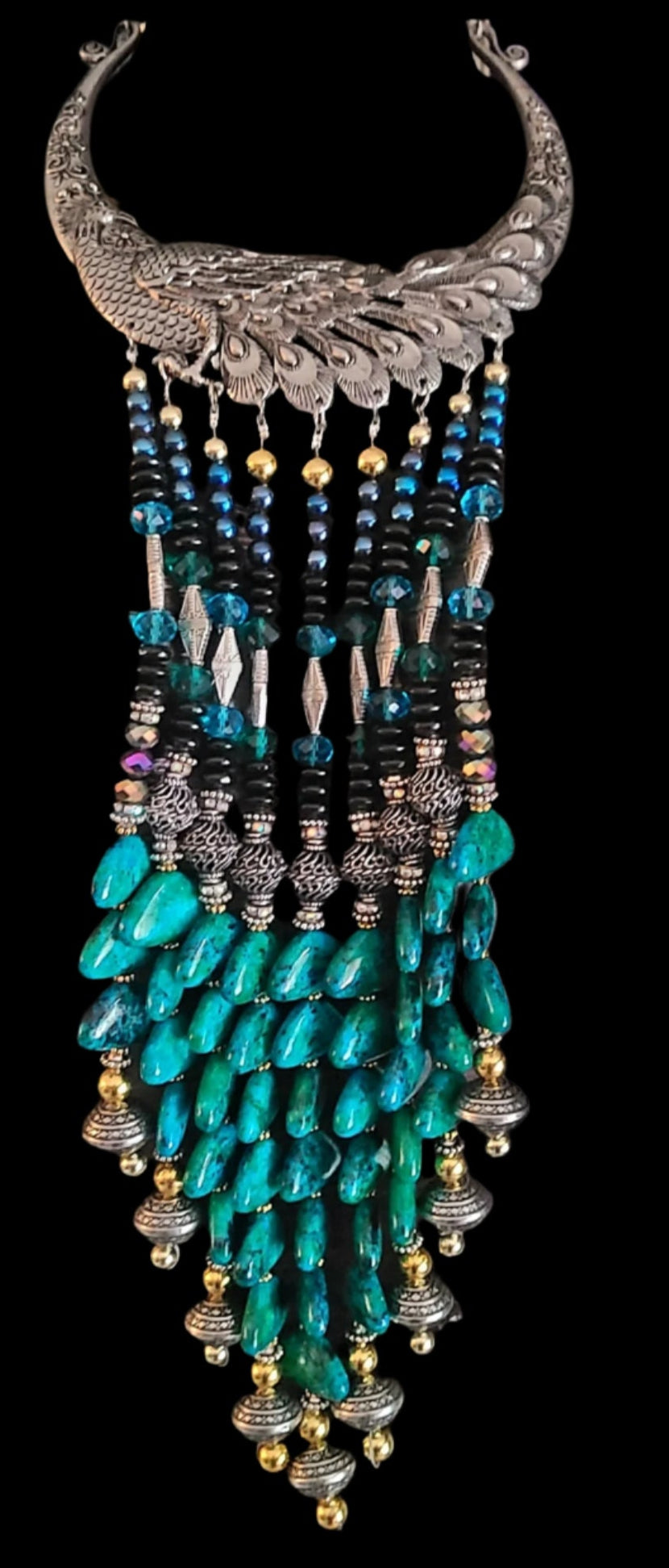 Exotic Beaded Waterfall Chest Piece On a Miao Peacock Torc