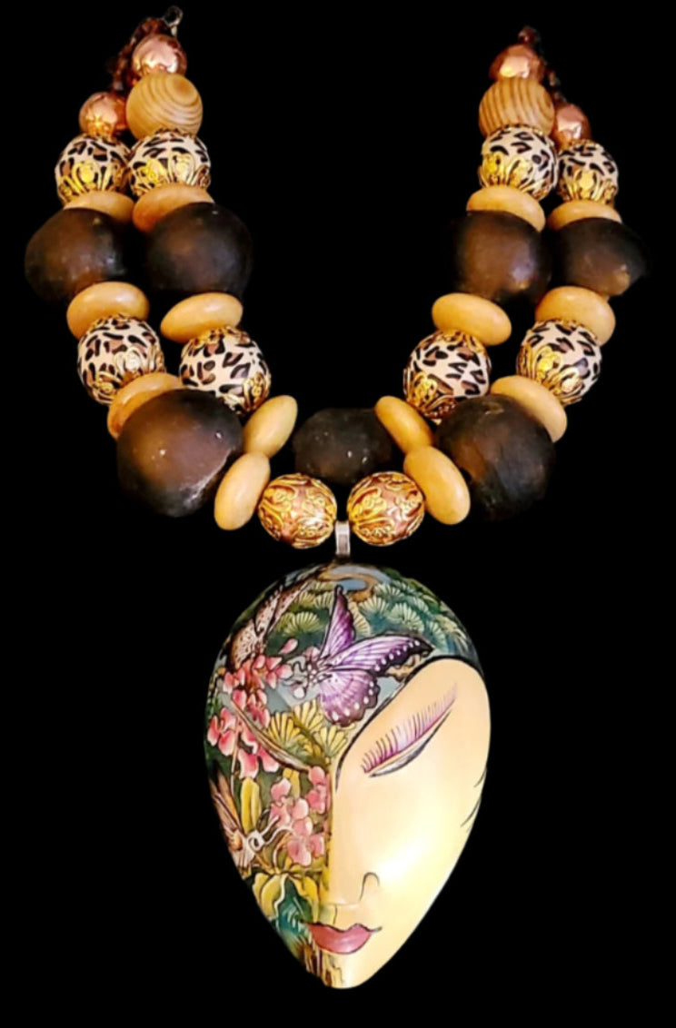 Oversized Earth Tone Beaded Multi-Strand Necklace with Bali Goddess Mask Pendant