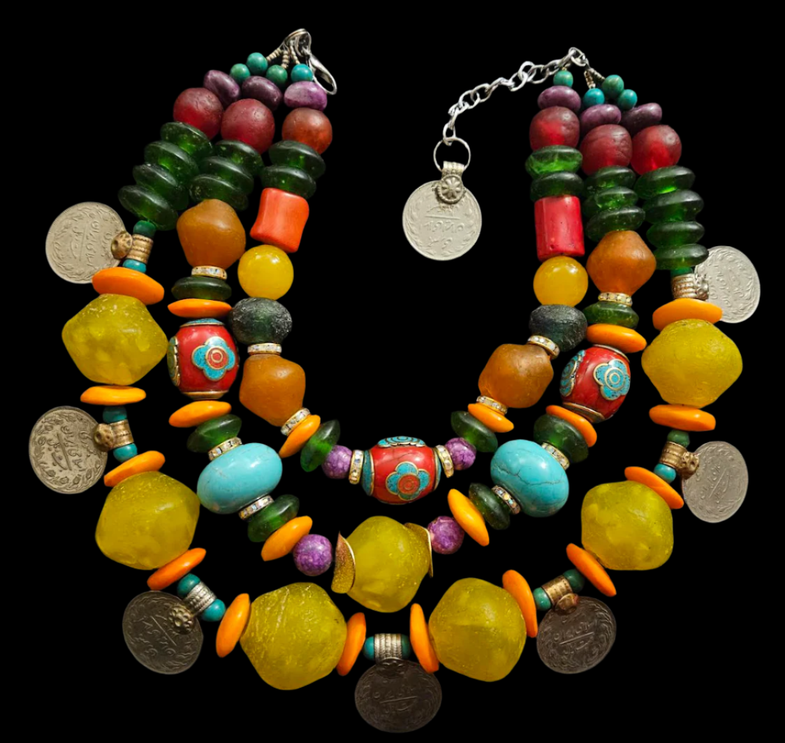Oversized Beaded Mixed Media Tribal Statement Necklace & Kuchi Coins