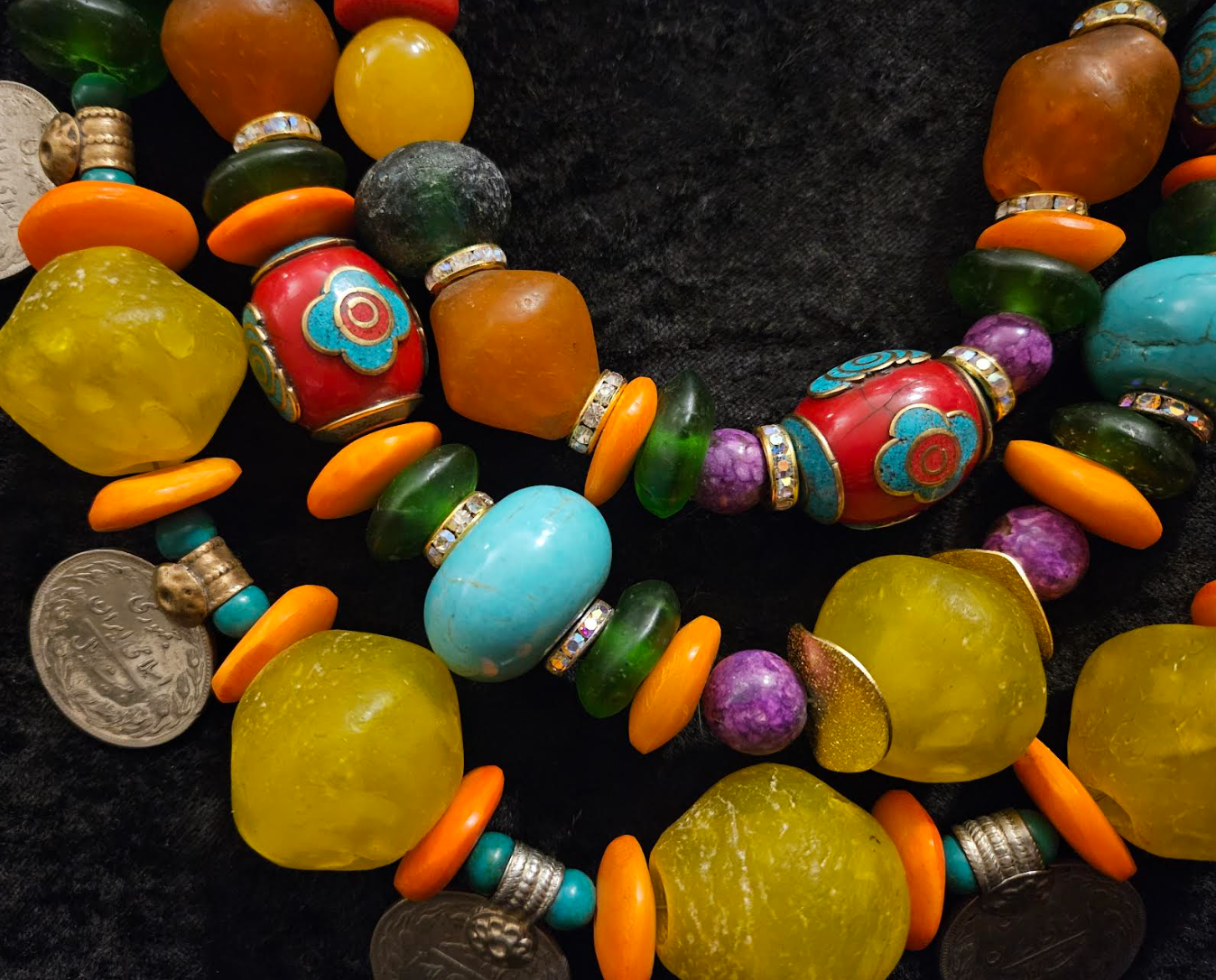 Oversized Beaded Mixed Media Tribal Statement Necklace & Kuchi Coins