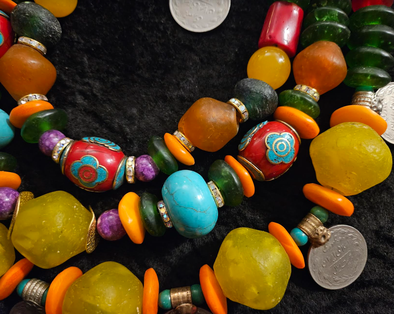Oversized Beaded Mixed Media Tribal Statement Necklace & Kuchi Coins