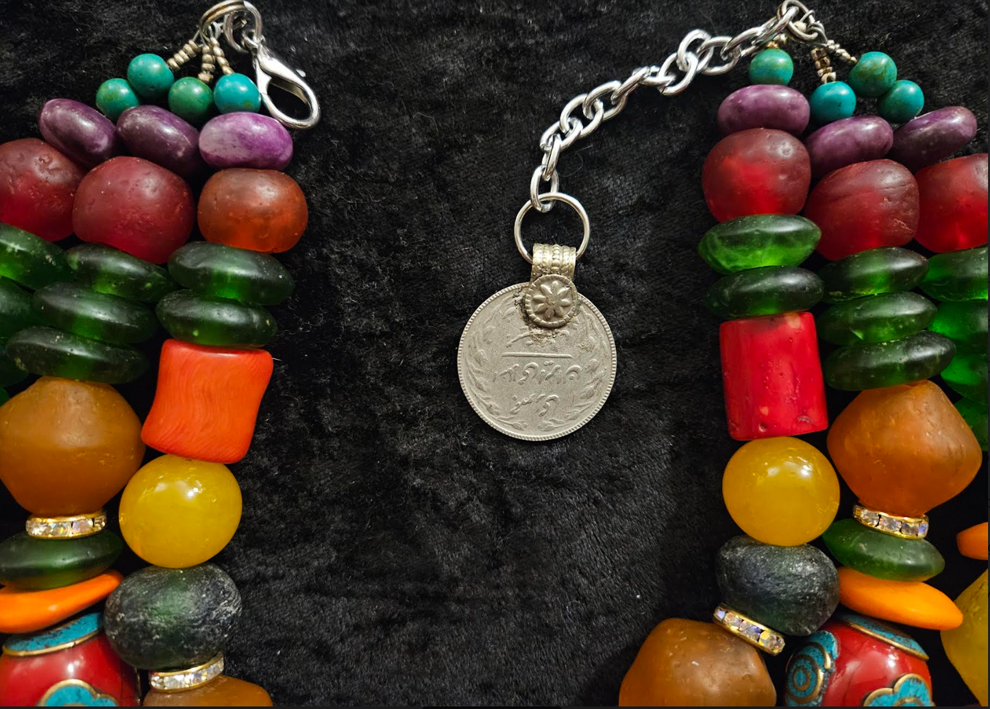 Oversized Beaded Mixed Media Tribal Statement Necklace & Kuchi Coins