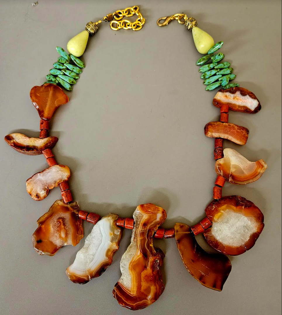 Orange Agate & Coral Unisex Luxury Necklace Mens Gemstone Slab Neck