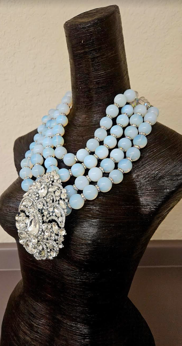 Opalescent Multi Strand Luxury Necklace & Rhinestone Gemstone Pendant