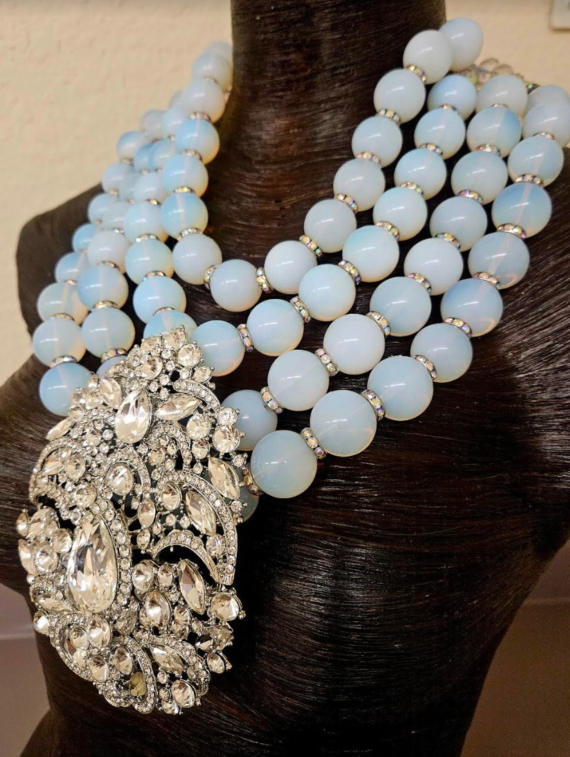 Opalescent Multi Strand Luxury Necklace & Rhinestone Gemstone Pendant