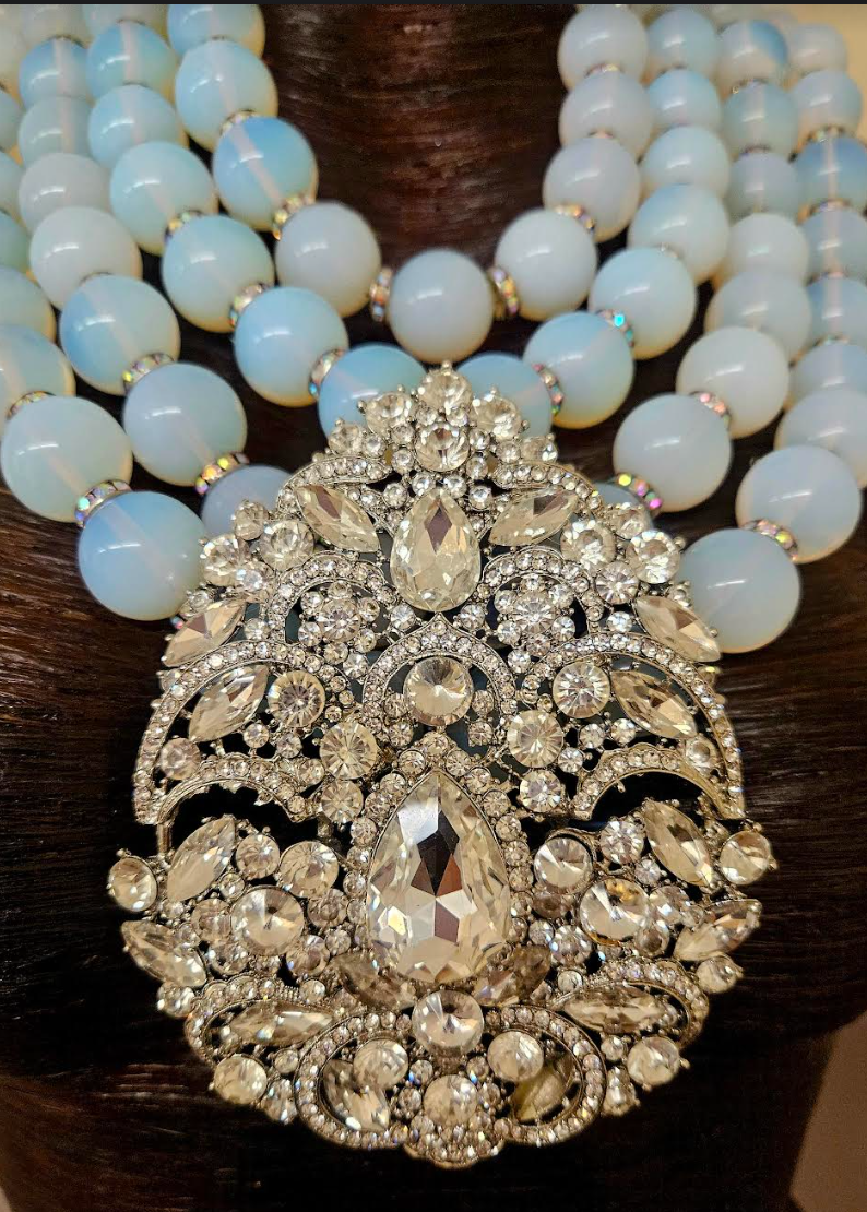 Opalescent Multi Strand Luxury Necklace & Rhinestone Gemstone Pendant