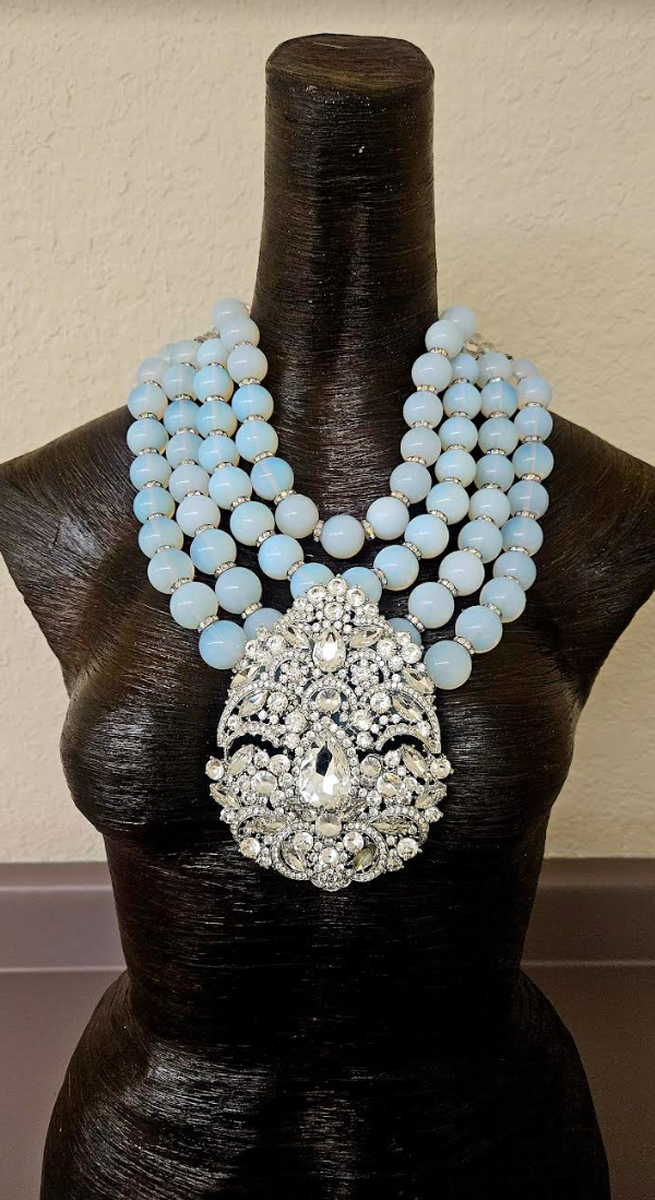 Opalescent Multi Strand Luxury Necklace & Rhinestone Gemstone Pendant