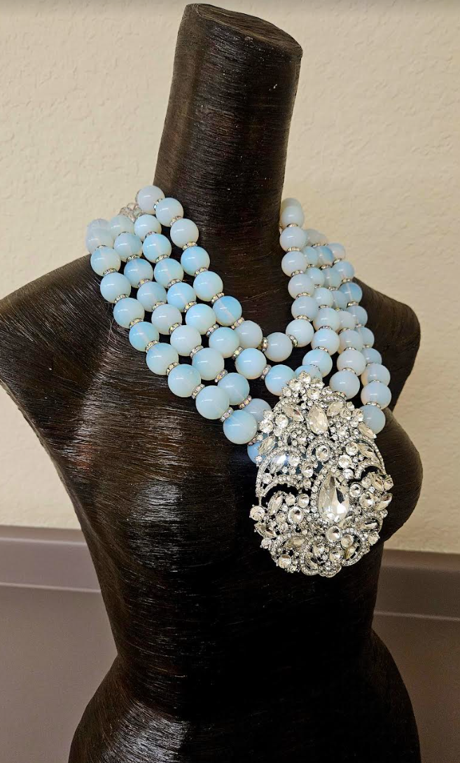 Opalescent Multi Strand Luxury Necklace & Rhinestone Gemstone Pendant