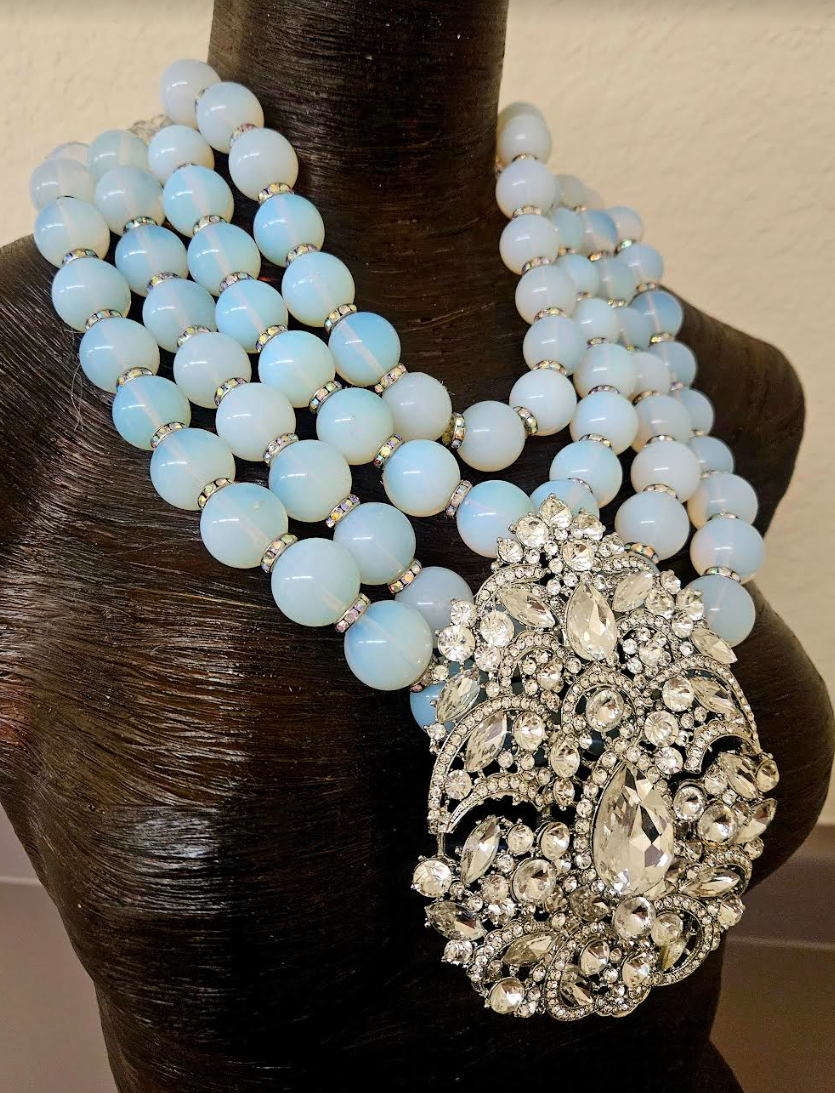 Opalescent Multi Strand Luxury Necklace & Rhinestone Gemstone Pendant