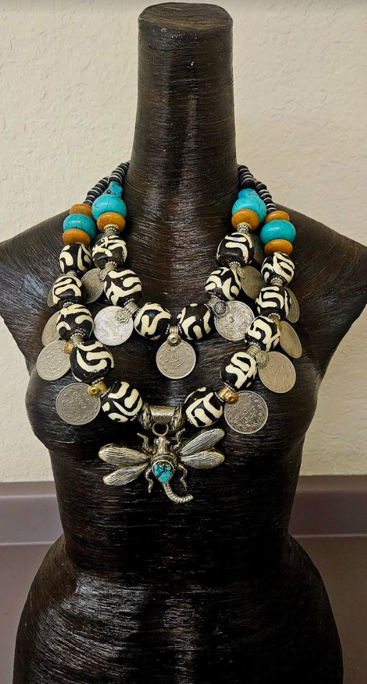 Exotic High-End Zebu Bone Tribal Statement Necklace With Kuchi Coins