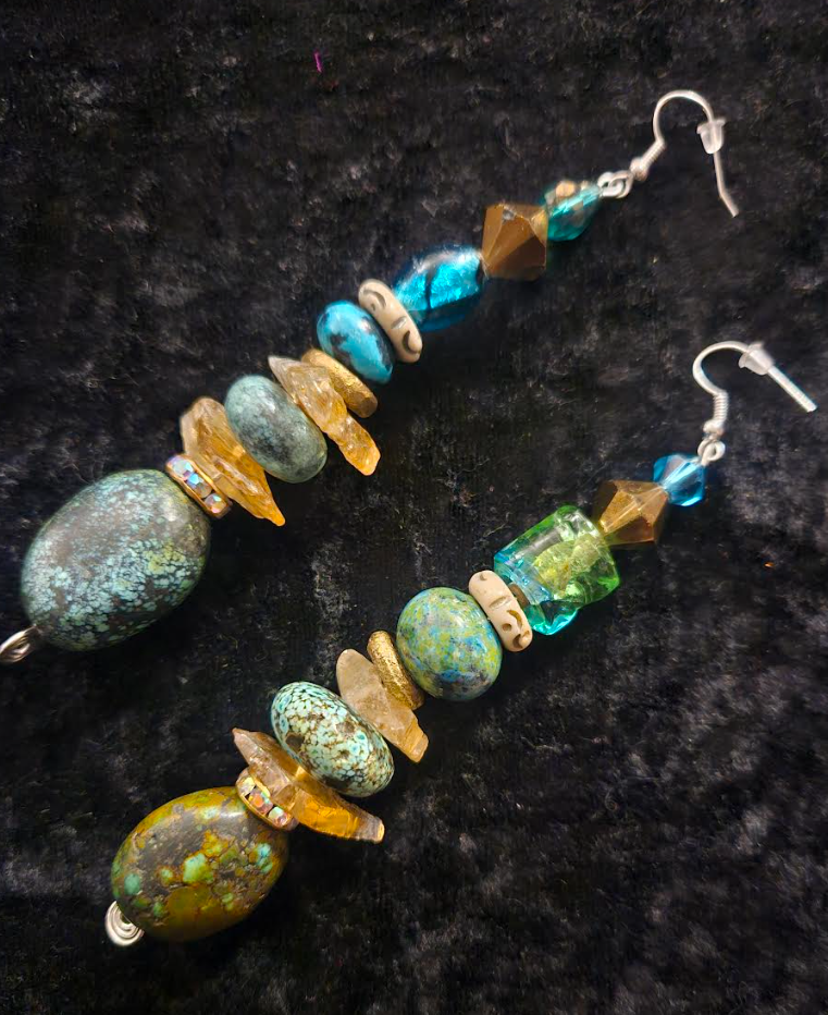 Hubei Turquoise and Gemstone Long Drop Pierced Statement Earrings Bl