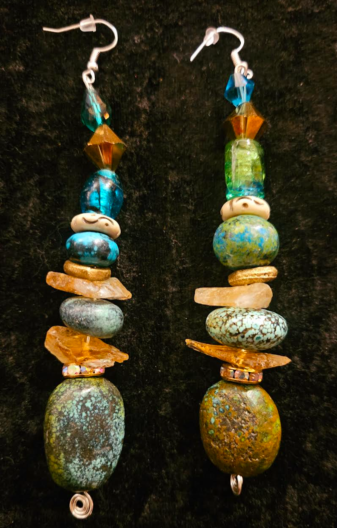 Hubei Turquoise and Gemstone Long Drop Pierced Statement Earrings Bl