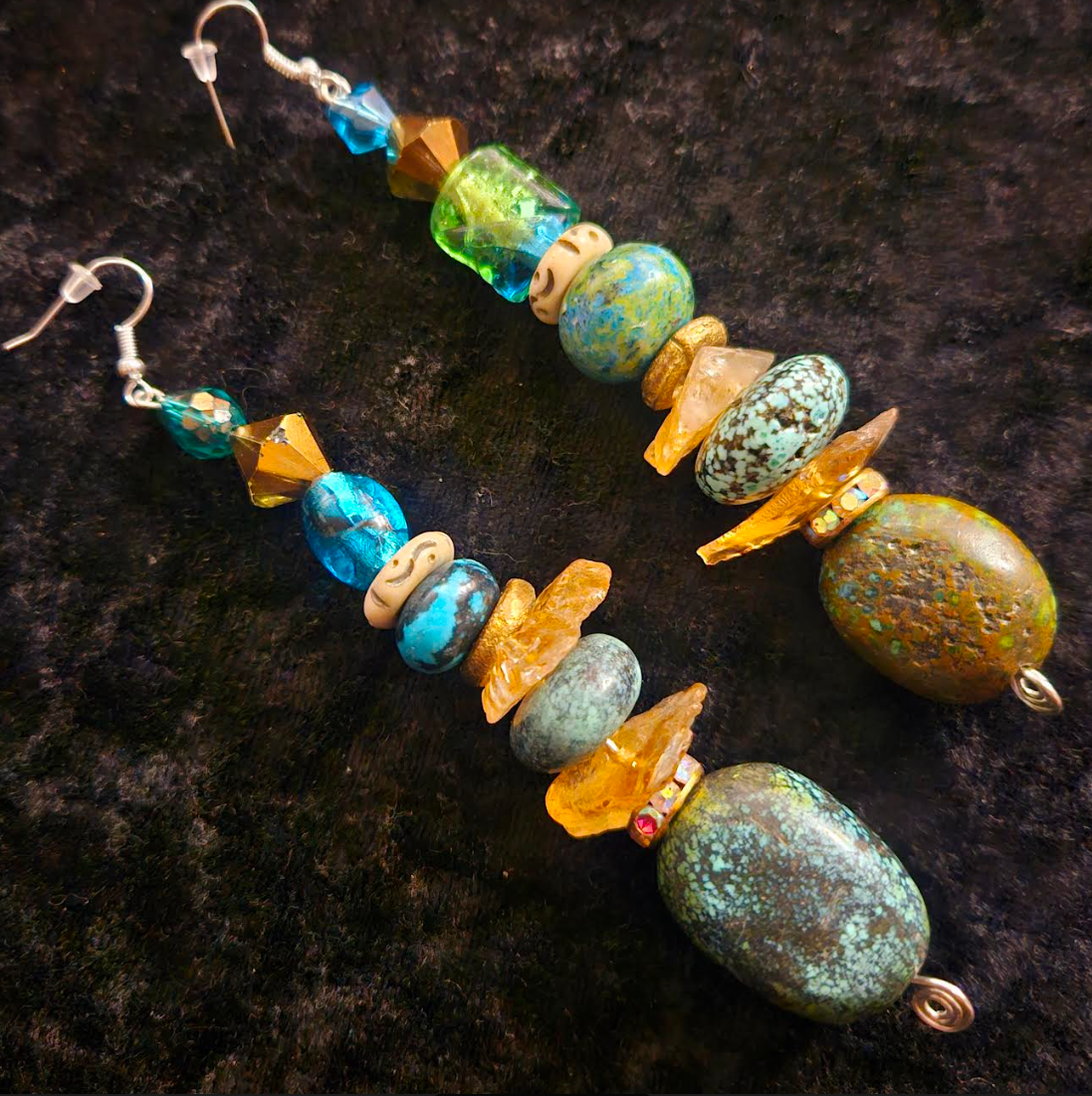 Hubei Turquoise and Gemstone Long Drop Pierced Statement Earrings Bl