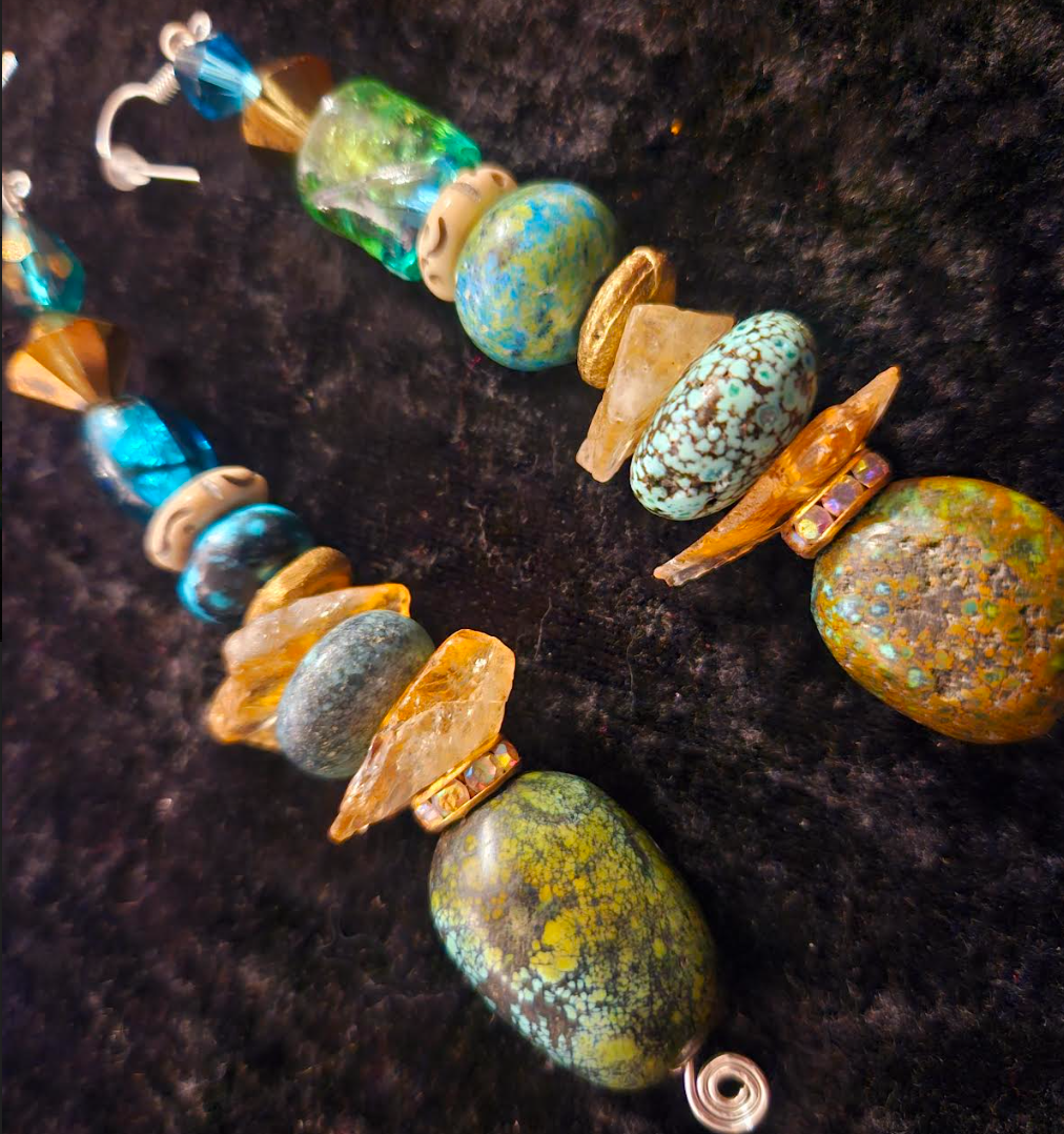 Hubei Turquoise and Gemstone Long Drop Pierced Statement Earrings Bl